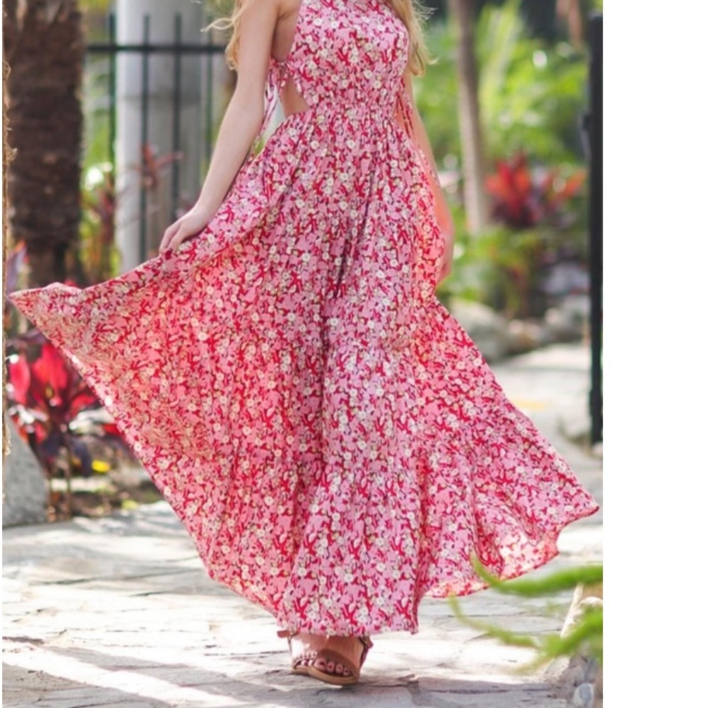 Beautiful side cut out red floral maxi dress
